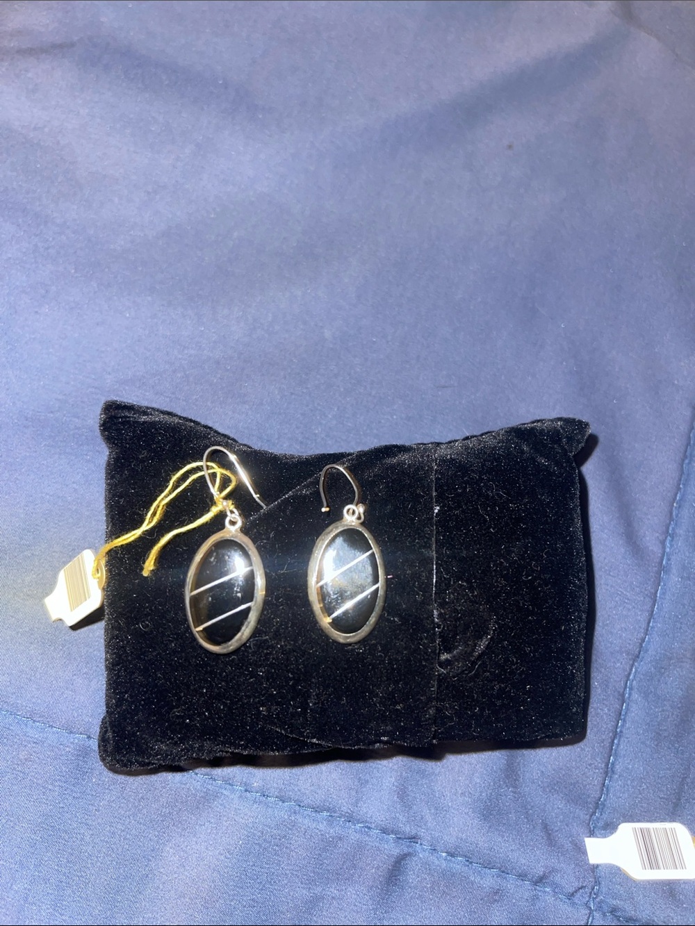 925 Silver. Oval Black Stone Dangle Earrings - Unbranded